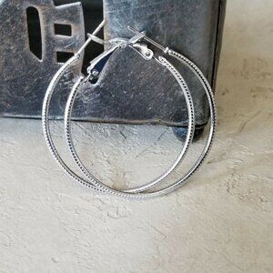 Silver Tone Round Hoop Earrings Sleek Art Deco Pattern 40mm 1.6" Long Leverback